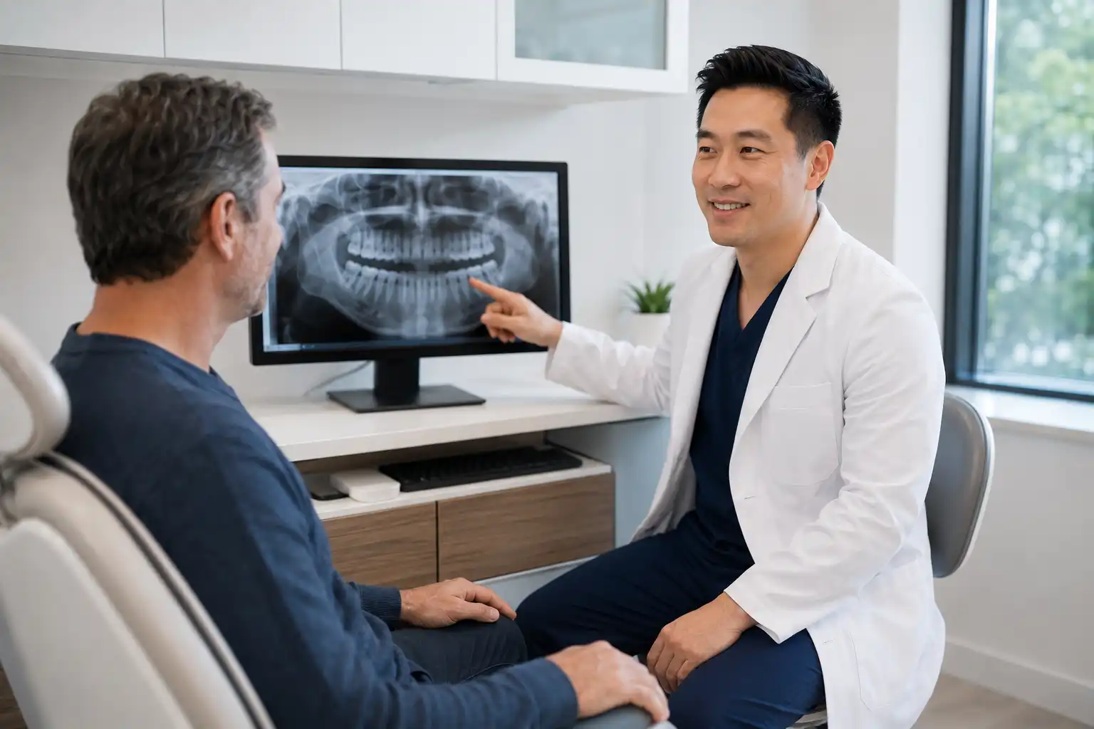 Dentist explaining tooth restoration on a screen